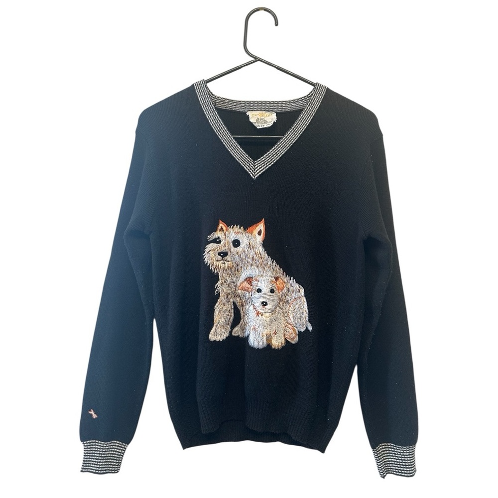 Vintage 80’s/90’s Shirlee Designs Black V-Neck Sweater with Dog Embroidery Small